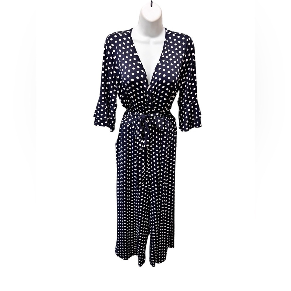 Venus Wide Leg Belted Jumpsuit Sz L Navy White Polka Dot Wrap Bust SS Cropped